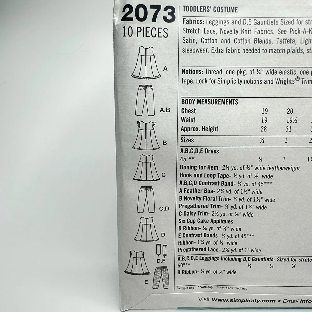 Simplicity Sewing Pattern 2073 Toddlers Costume Toddler Size A (1/2-4) Uncut FF